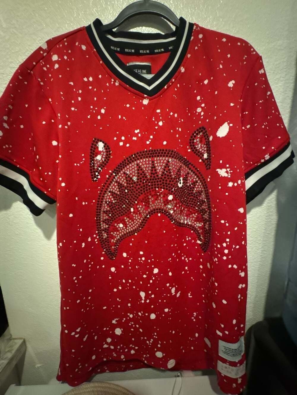 Rise As 1ne Limited  Kill Ape Shark Teeth Rhinestone Red V-Neck Jersey Shirt